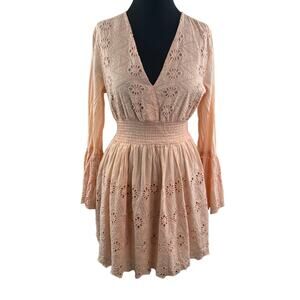 VENUS Pink Dress Cotton Ribbed V-Neck Bell Sleeve Pleated Eyelet Smocked Size 12